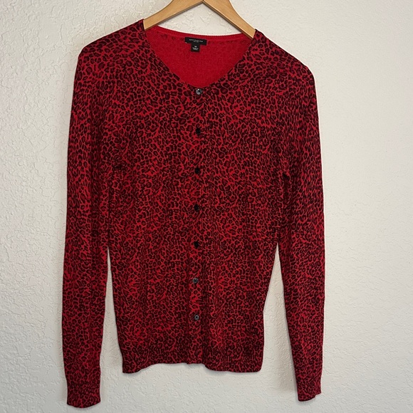 Ann Taylor Red Cheetah Animal Print Cardigan Sweater Silk Cashmere Medium Fall - Picture 1 of 8